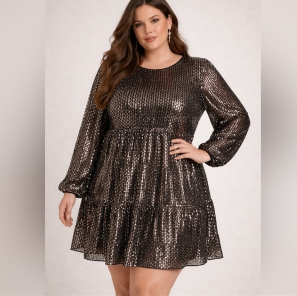Y2K, 3XL Black Bronze Sequin Babydoll Dress | Long Sleeve Plus Size Party